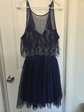 Social Code Navy Blue Glitter Mesh Overlay Fit & Flare Dress Size 13